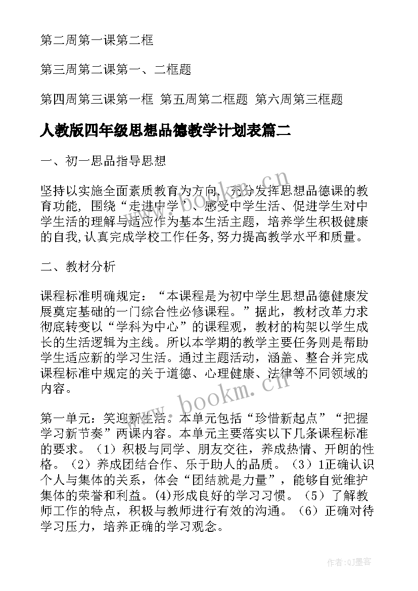 人教版四年级思想品德教学计划表 人教版七年级思想品德教学计划(优质5篇)