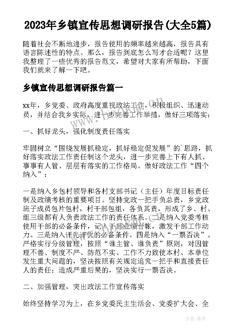 2023年乡镇宣传思想调研报告(大全5篇)