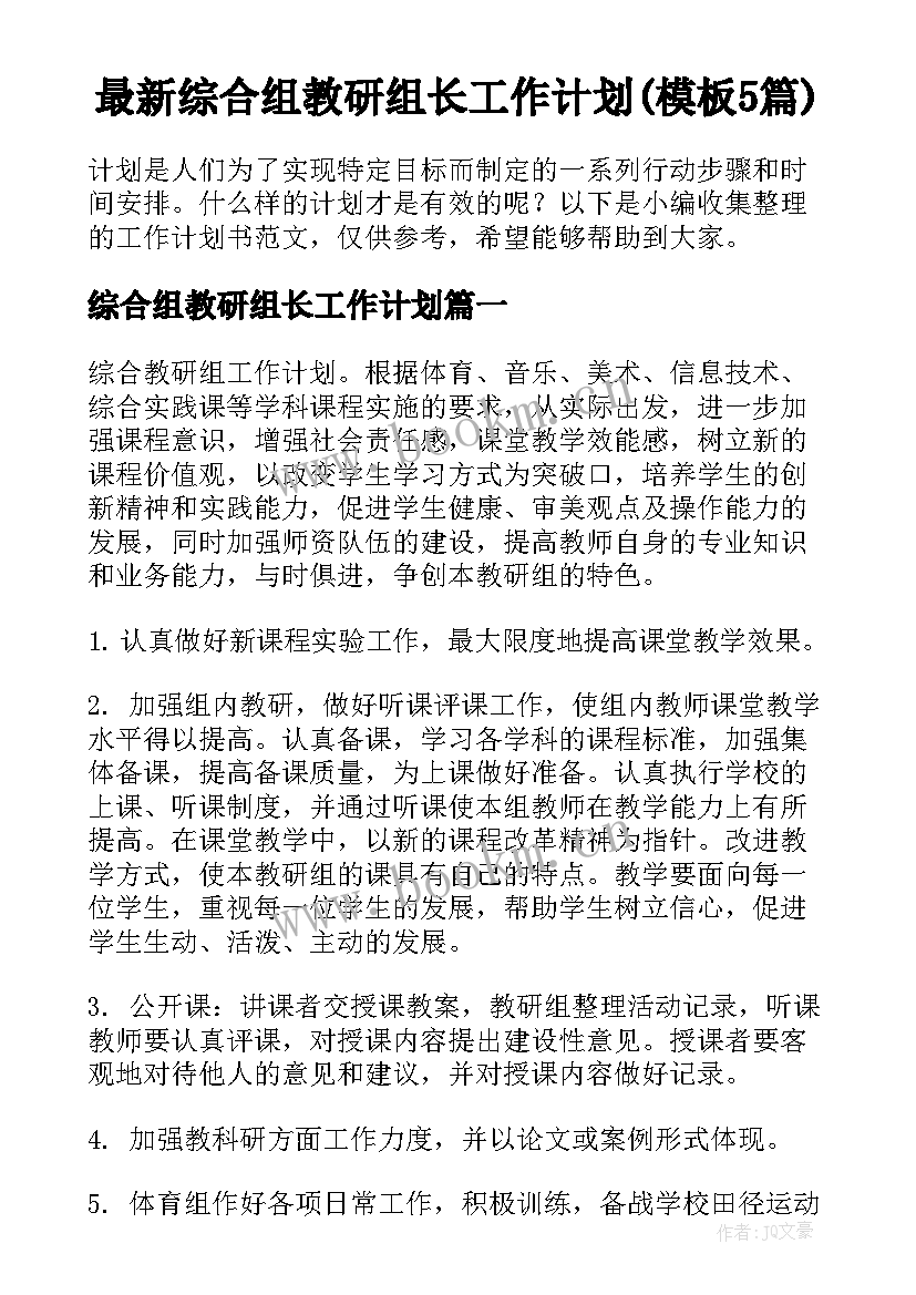 最新综合组教研组长工作计划(模板5篇)