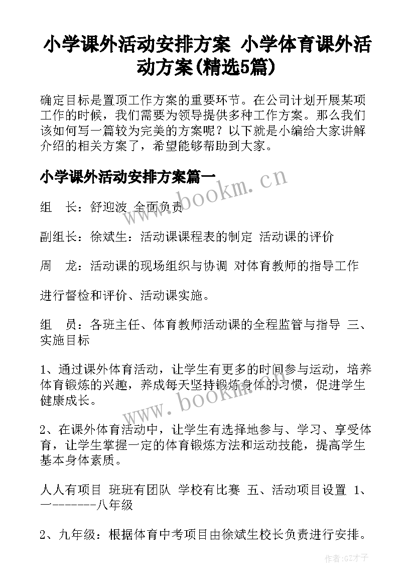 小学课外活动安排方案 小学体育课外活动方案(精选5篇)