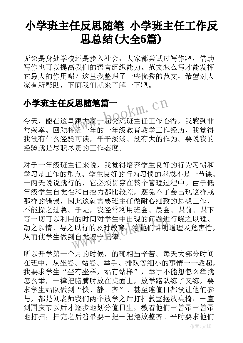 小学班主任反思随笔 小学班主任工作反思总结(大全5篇)