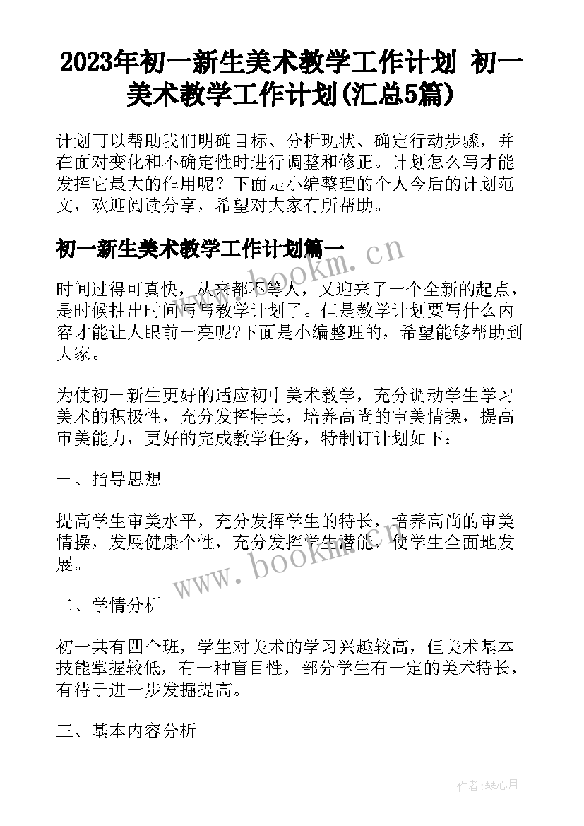 2023年初一新生美术教学工作计划 初一美术教学工作计划(汇总5篇)