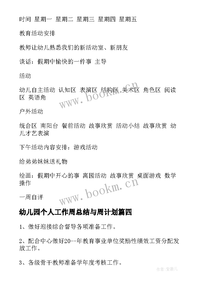 幼儿园个人工作周总结与周计划 幼儿园工作周计划(优秀6篇)