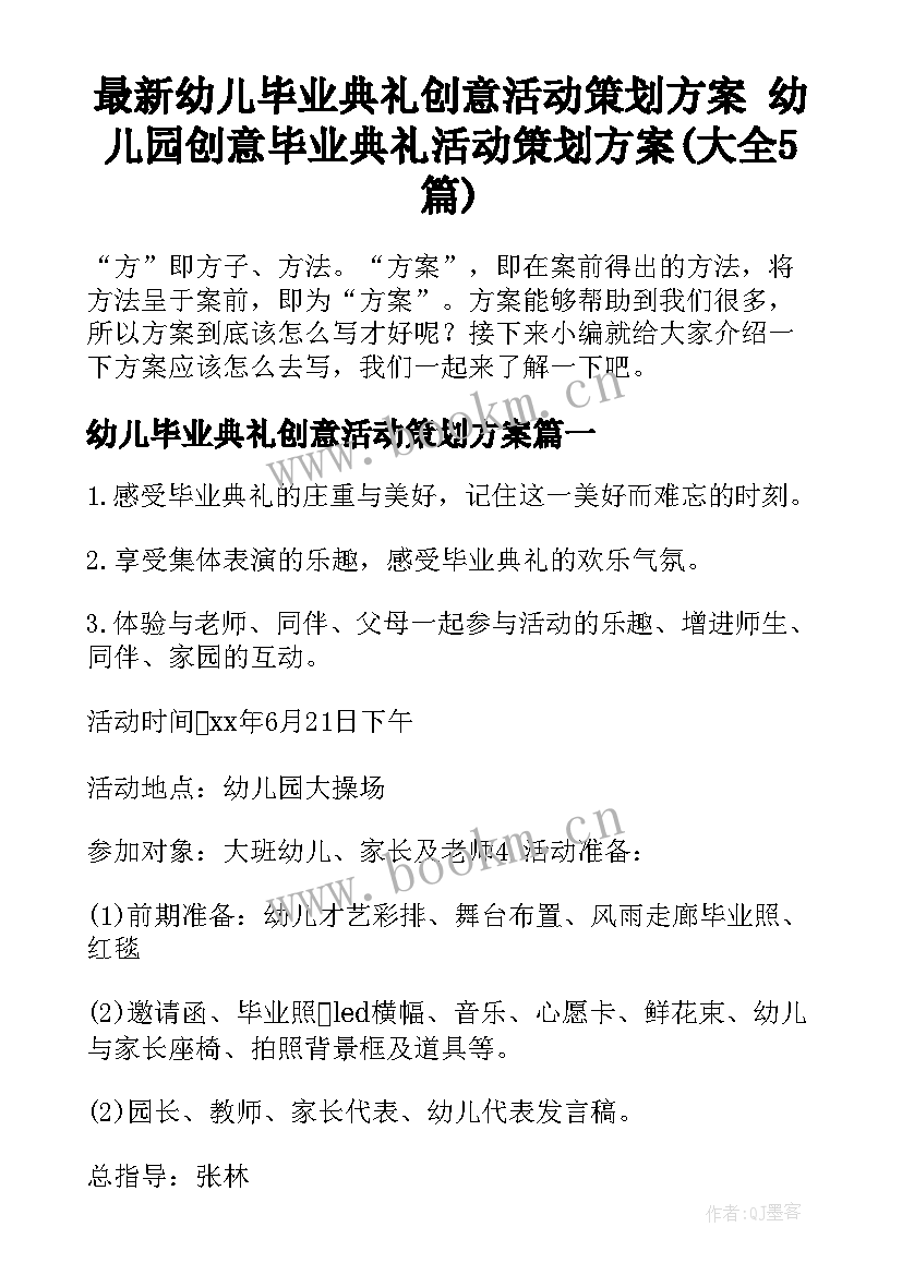 最新幼儿毕业典礼创意活动策划方案 幼儿园创意毕业典礼活动策划方案(大全5篇)