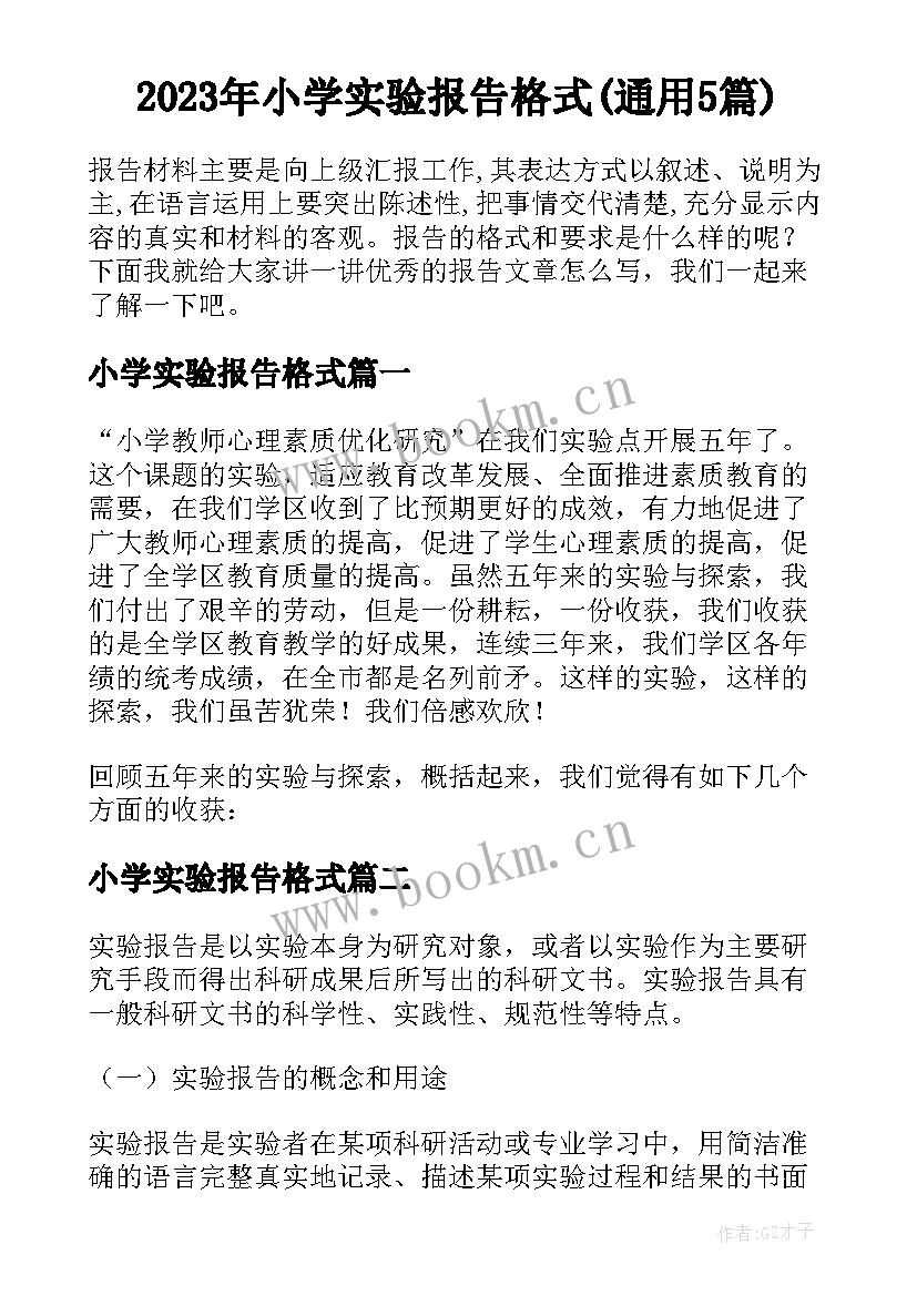 2023年小学实验报告格式(通用5篇)