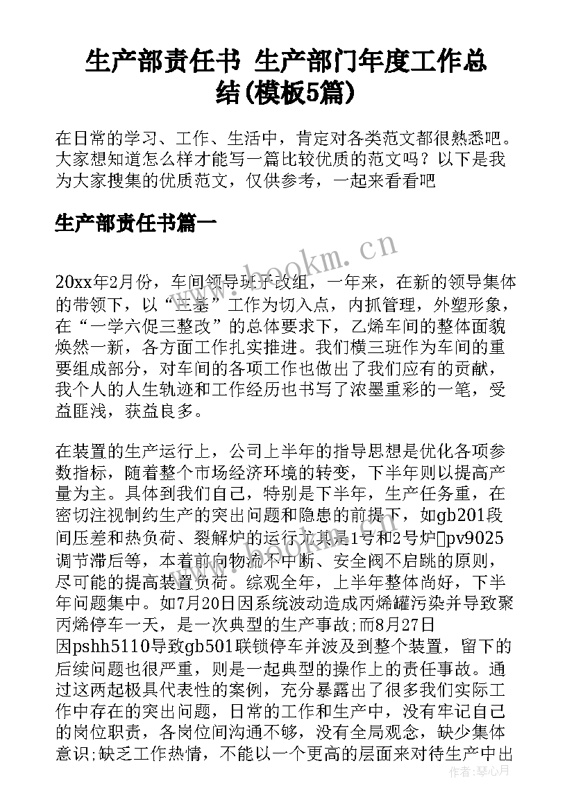 生产部责任书 生产部门年度工作总结(模板5篇)