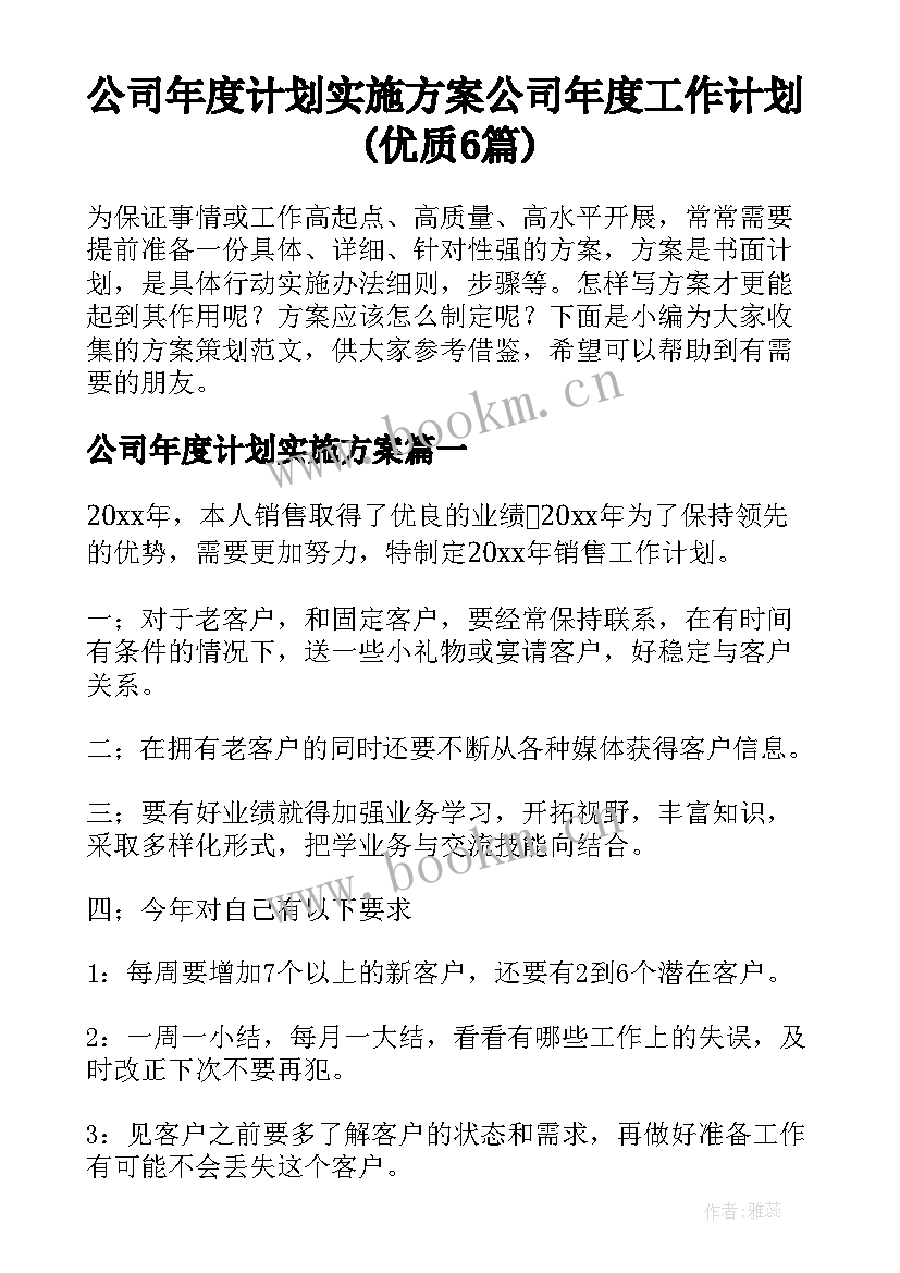 公司年度计划实施方案 公司年度工作计划(优质6篇)