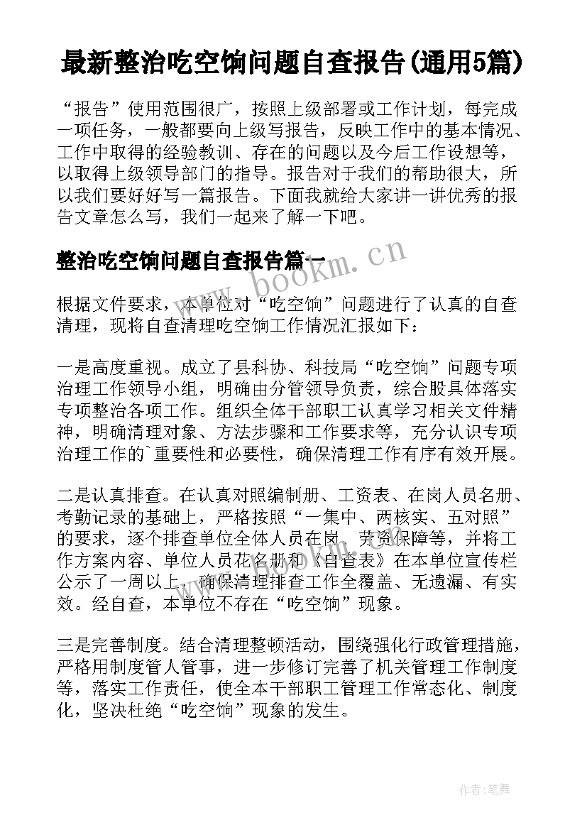 最新整治吃空饷问题自查报告(通用5篇)