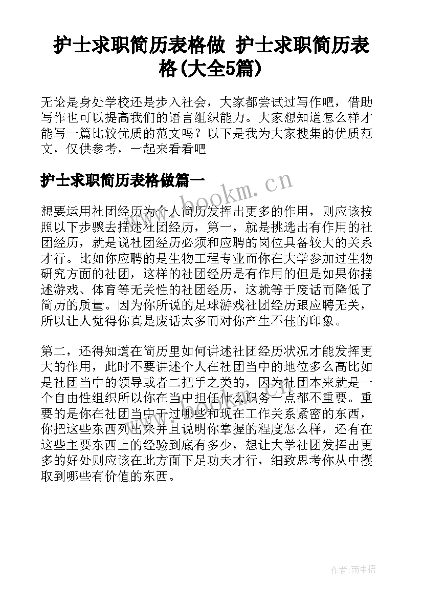 护士求职简历表格做 护士求职简历表格(大全5篇)