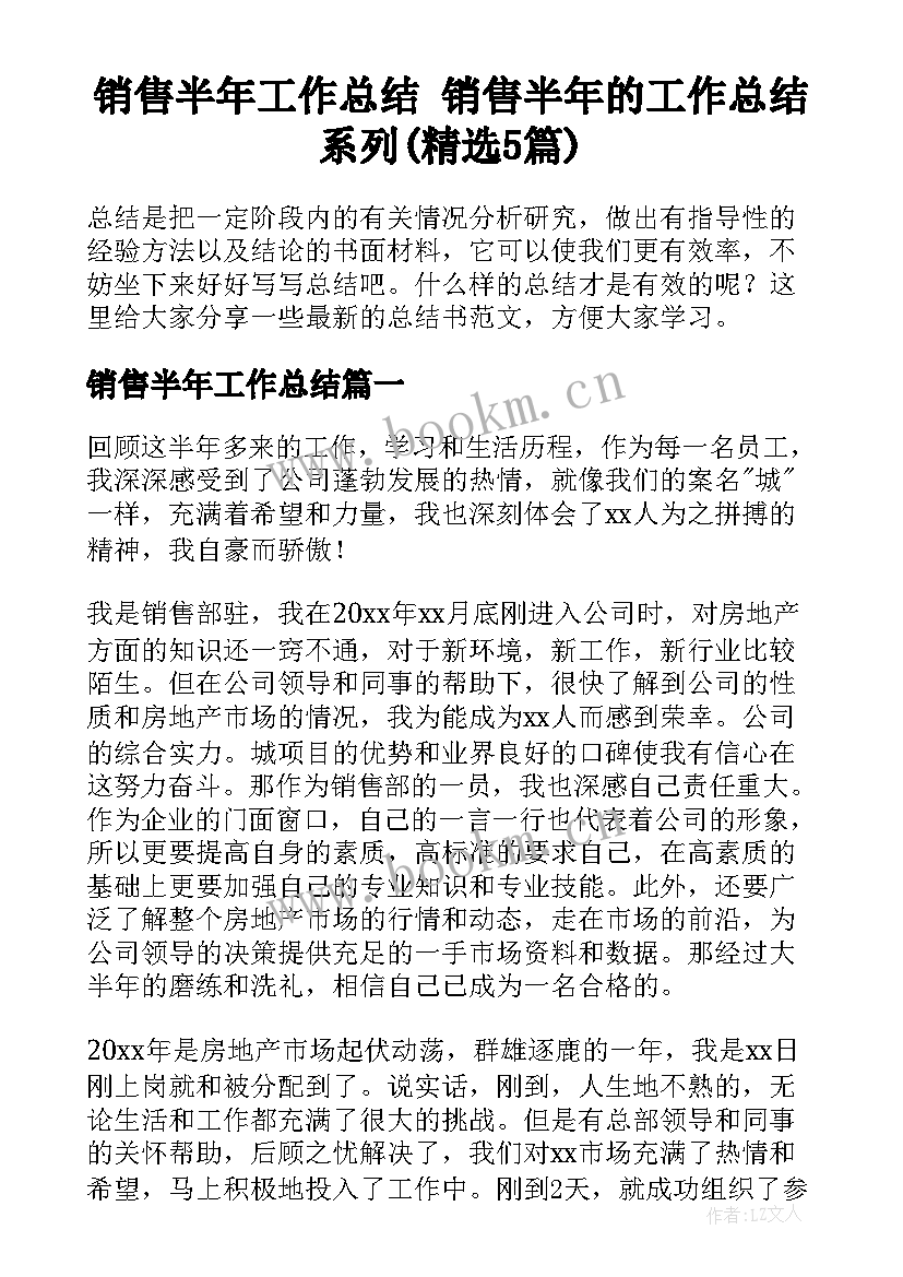 销售半年工作总结 销售半年的工作总结系列(精选5篇)