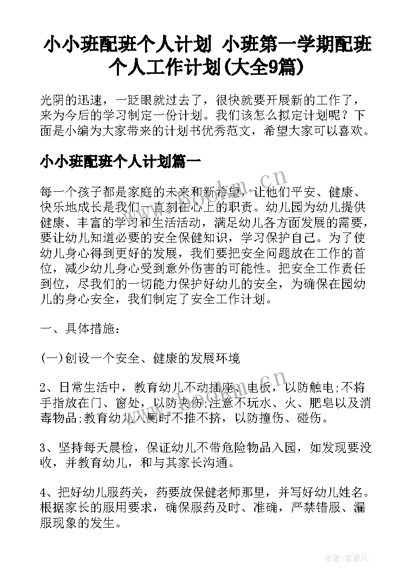 小小班配班个人计划 小班第一学期配班个人工作计划(大全9篇)