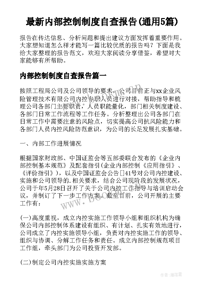 最新内部控制制度自查报告(通用5篇)