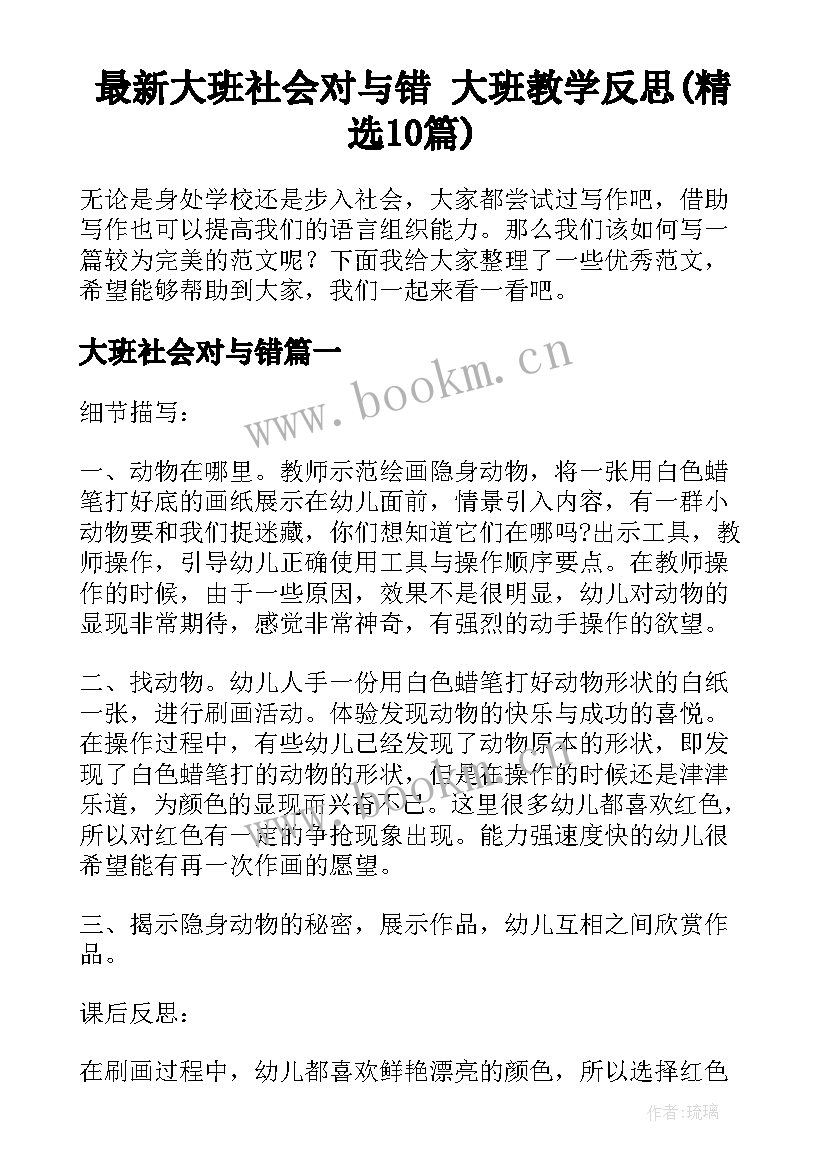 最新大班社会对与错 大班教学反思(精选10篇)