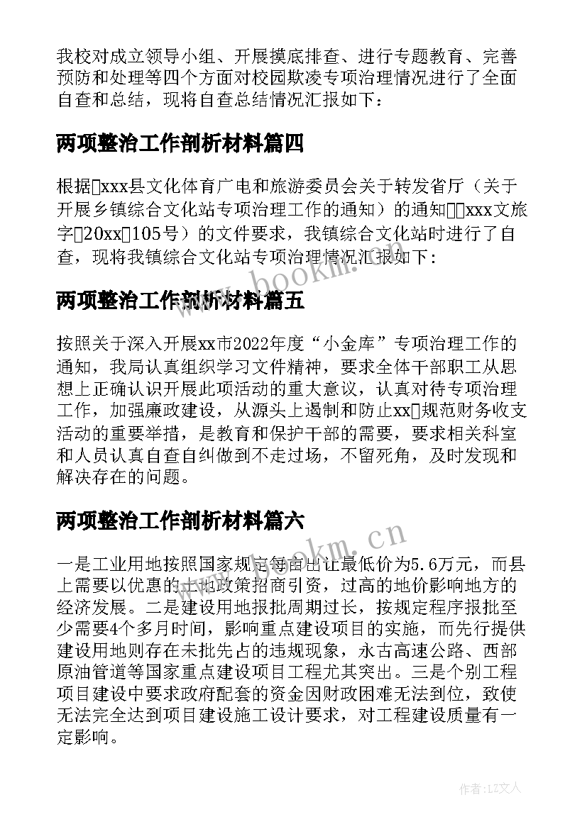 两项整治工作剖析材料 专项治理工作自查报告(实用8篇)