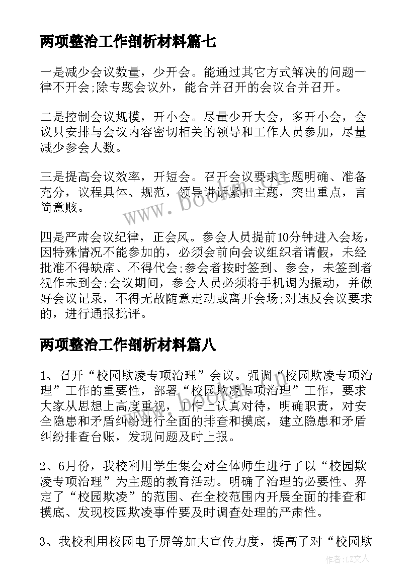 两项整治工作剖析材料 专项治理工作自查报告(实用8篇)