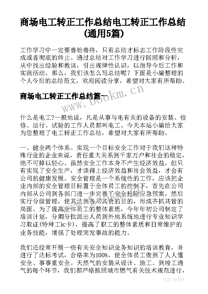 商场电工转正工作总结 电工转正工作总结(通用5篇)