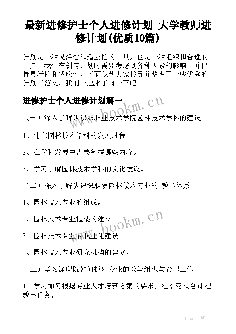 最新进修护士个人进修计划 大学教师进修计划(优质10篇)