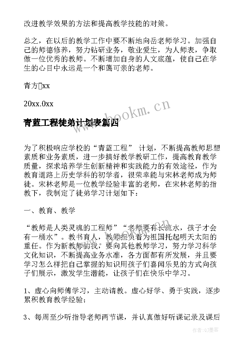 最新青蓝工程徒弟计划表 青蓝工程徒弟学习计划(优质5篇)