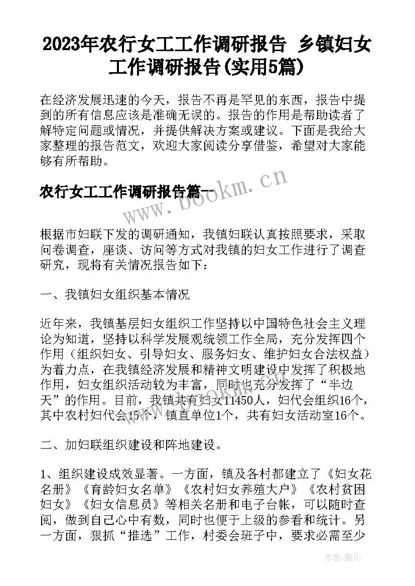 2023年农行女工工作调研报告 乡镇妇女工作调研报告(实用5篇)