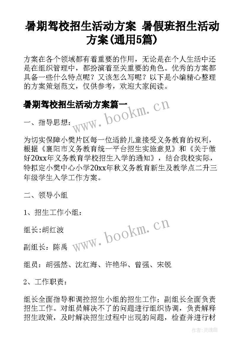 暑期驾校招生活动方案 暑假班招生活动方案(通用5篇)