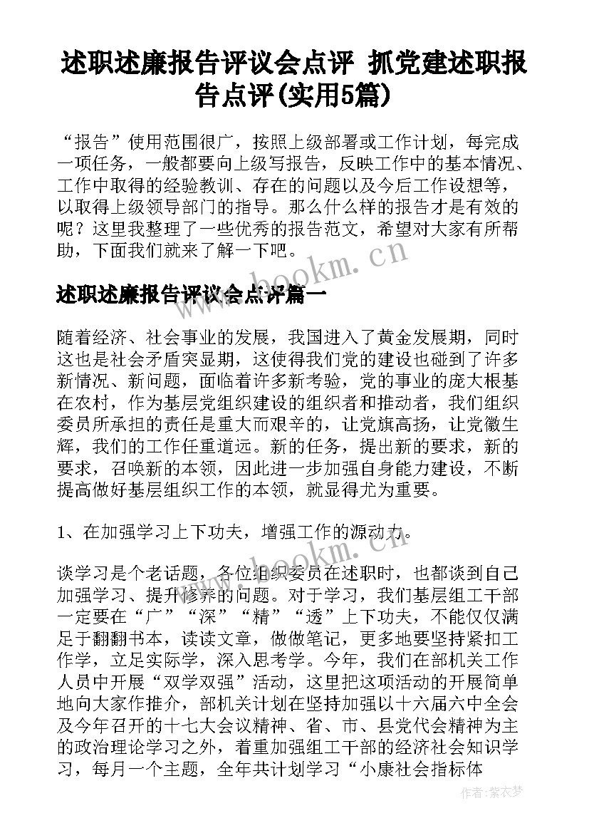 述职述廉报告评议会点评 抓党建述职报告点评(实用5篇)