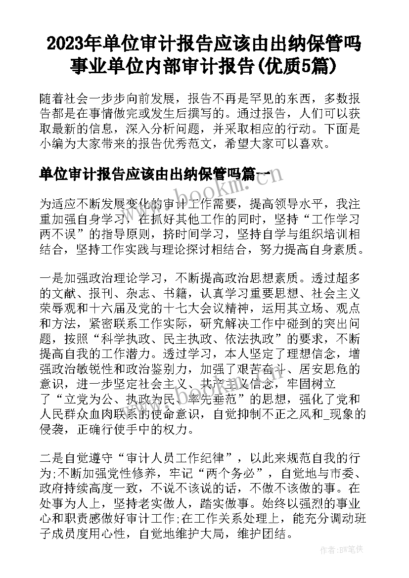 2023年单位审计报告应该由出纳保管吗 事业单位内部审计报告(优质5篇)