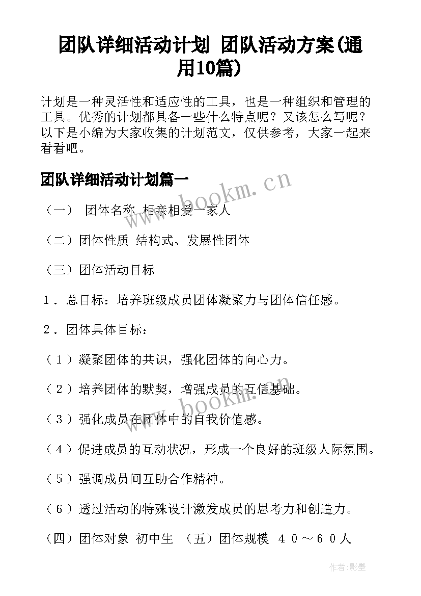 团队详细活动计划 团队活动方案(通用10篇)