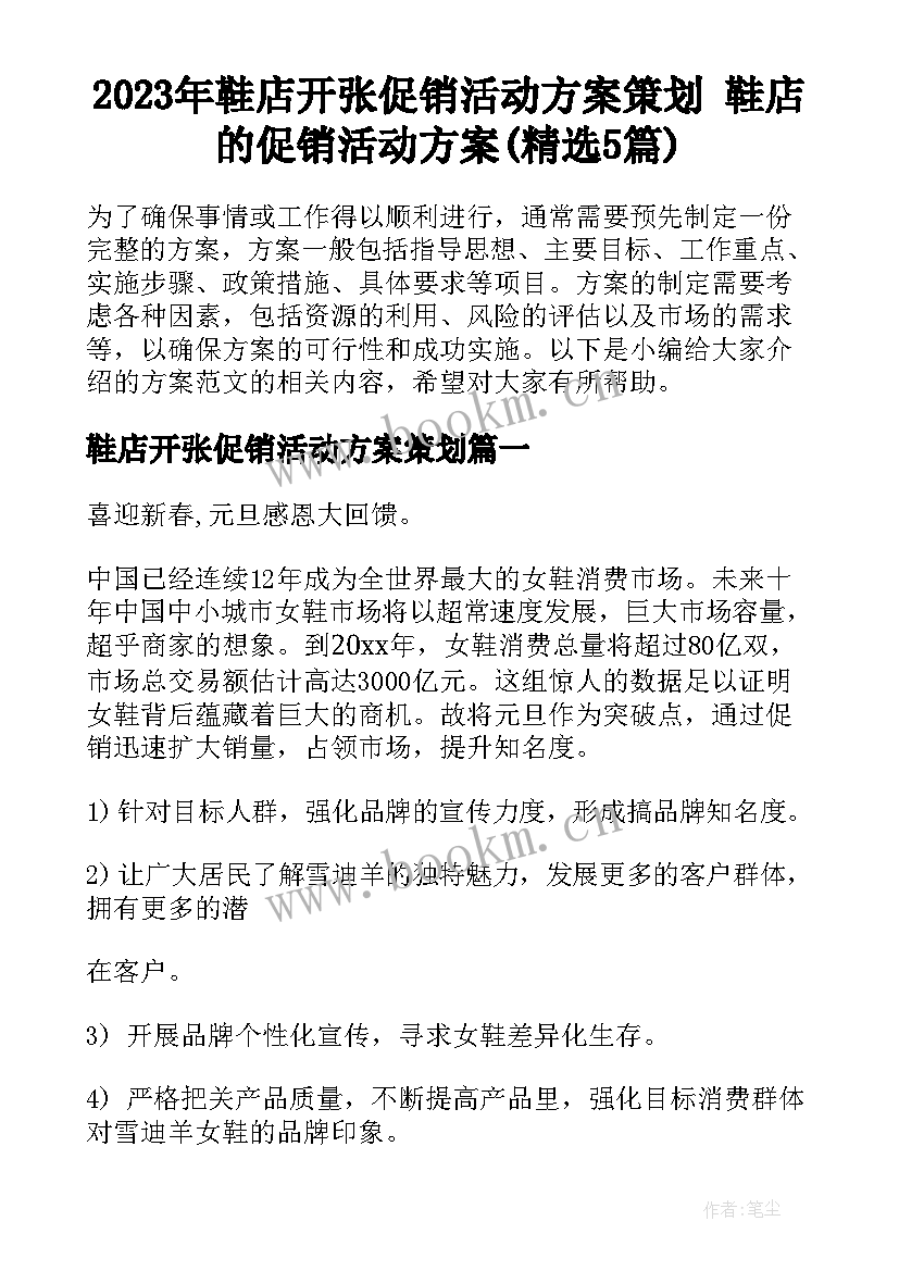 2023年鞋店开张促销活动方案策划 鞋店的促销活动方案(精选5篇)