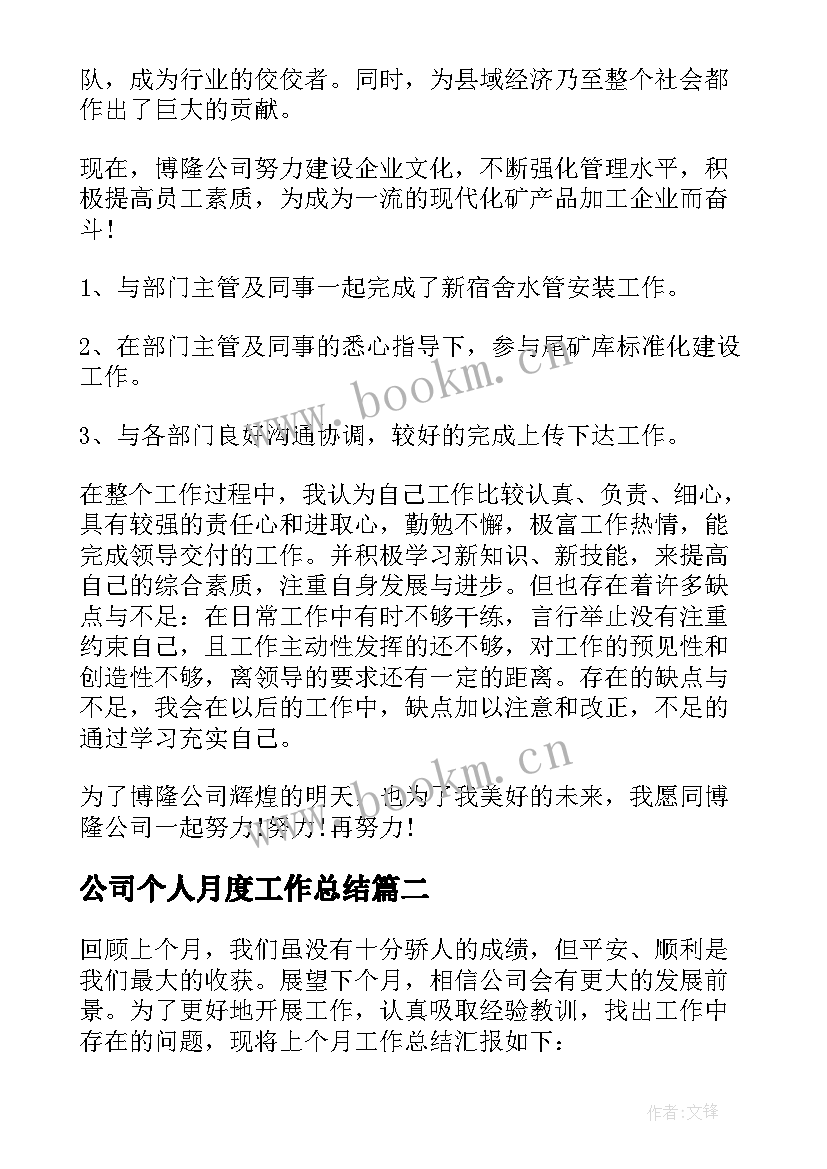 公司个人月度工作总结(优秀6篇)