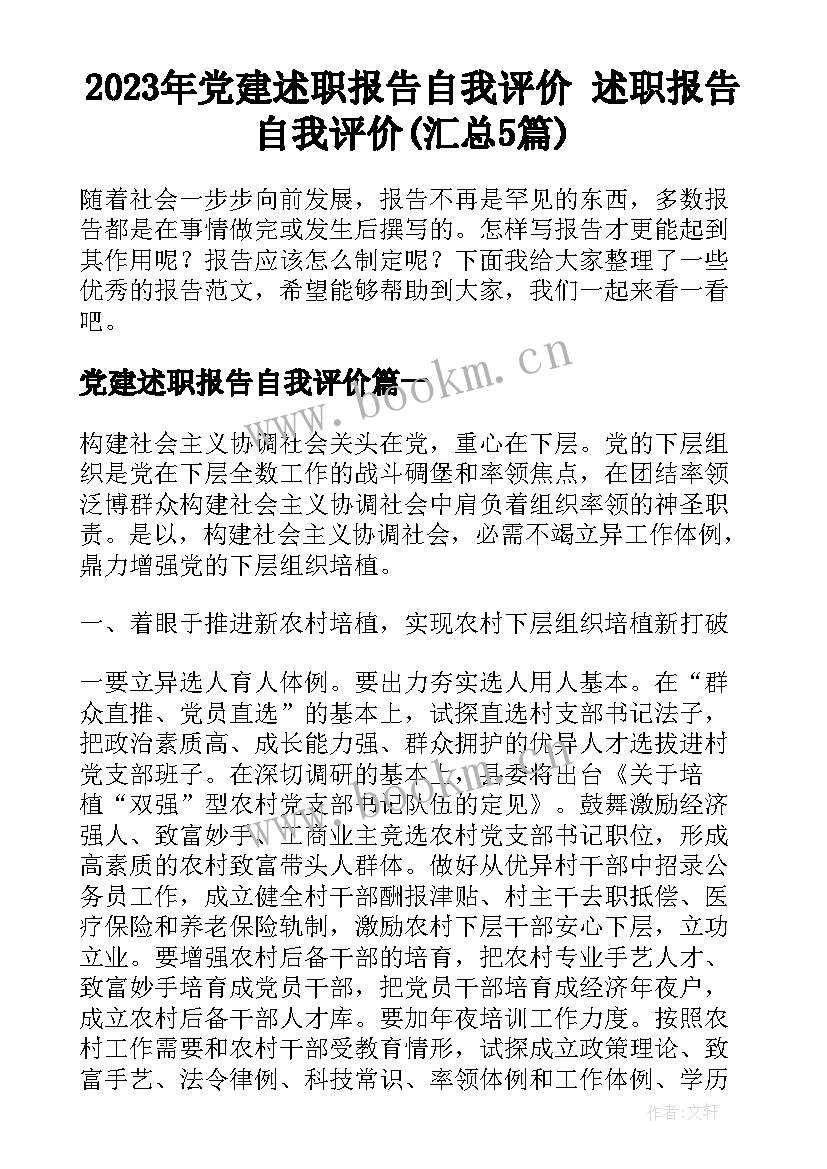 2023年党建述职报告自我评价 述职报告自我评价(汇总5篇)