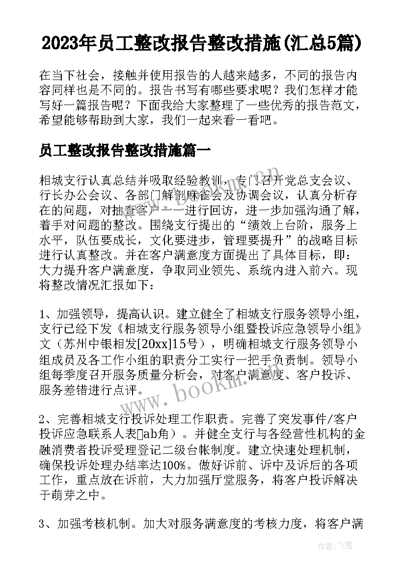 2023年员工整改报告整改措施(汇总5篇)