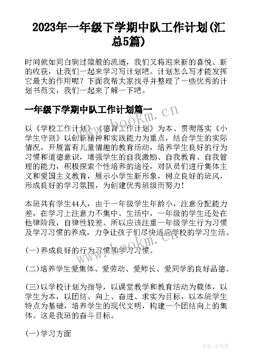 2023年一年级下学期中队工作计划(汇总5篇)