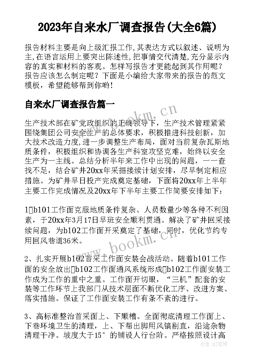 2023年自来水厂调查报告(大全6篇)