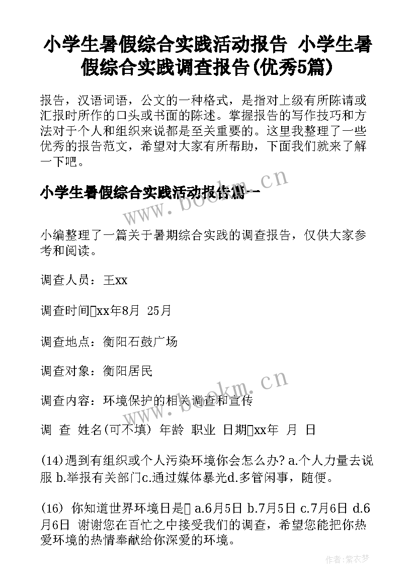 小学生暑假综合实践活动报告 小学生暑假综合实践调查报告(优秀5篇)