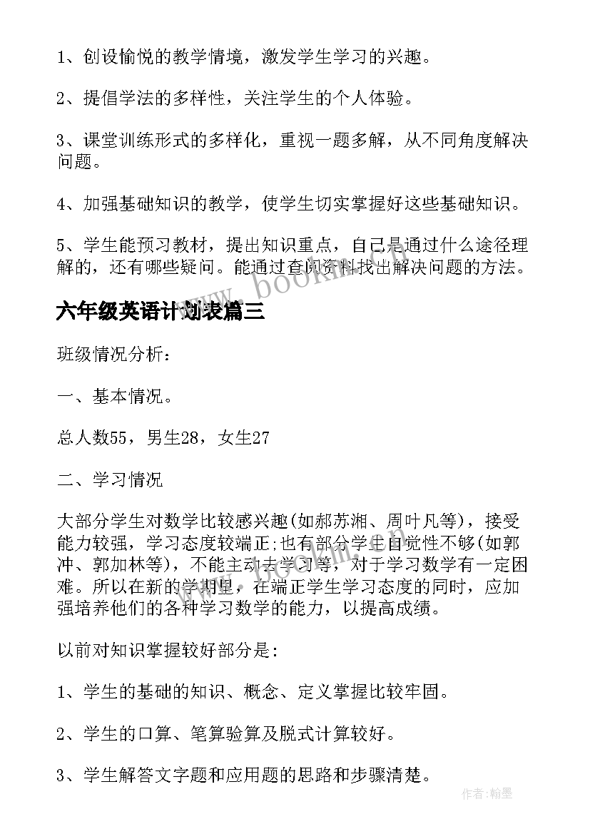 2023年六年级英语计划表 人教版六年级数学教学计划(汇总5篇)