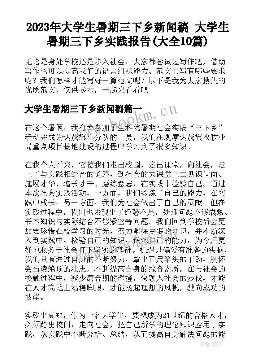 2023年大学生暑期三下乡新闻稿 大学生暑期三下乡实践报告(大全10篇)