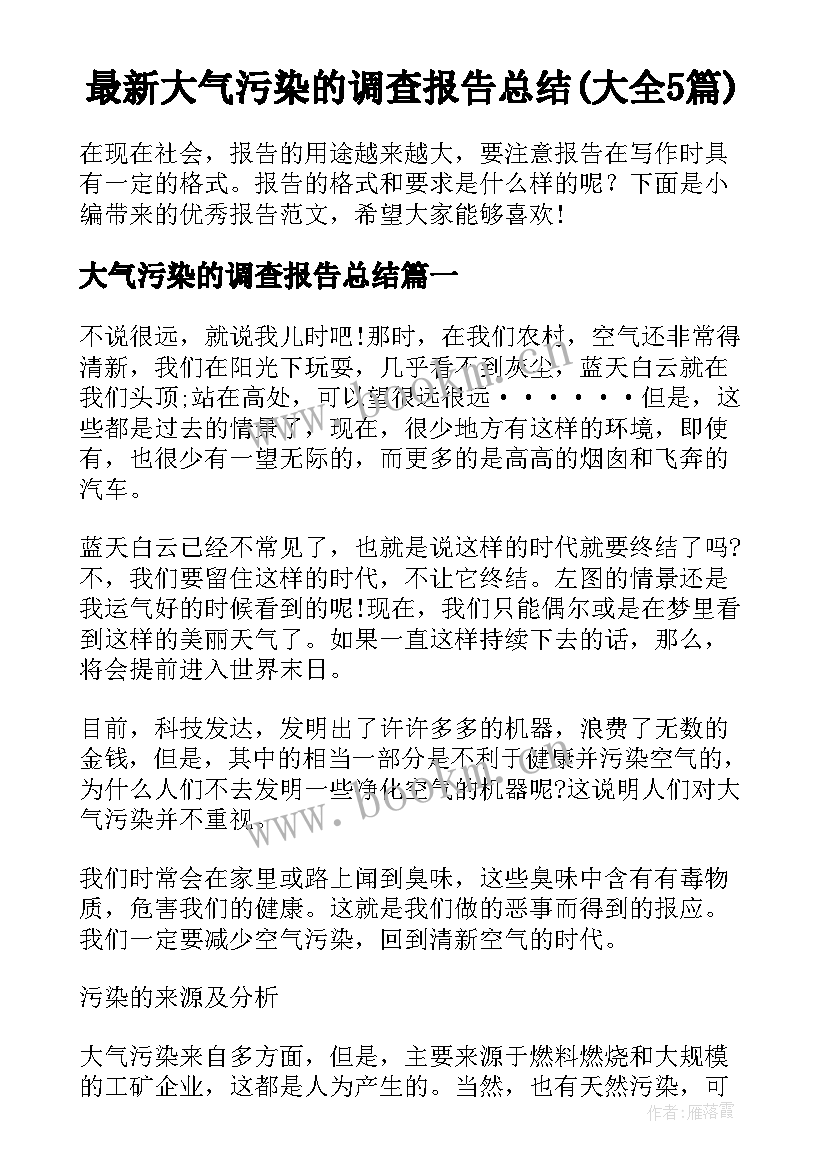 最新大气污染的调查报告总结(大全5篇)