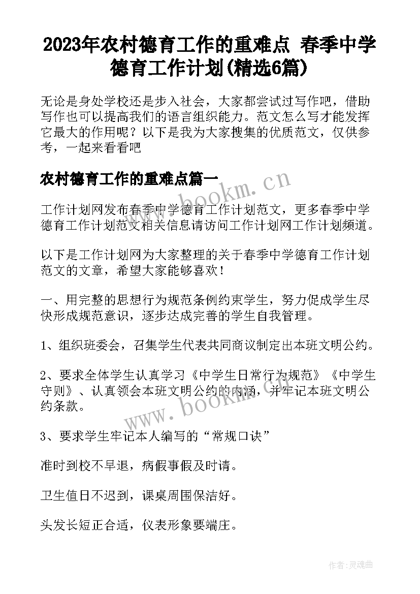 2023年农村德育工作的重难点 春季中学德育工作计划(精选6篇)