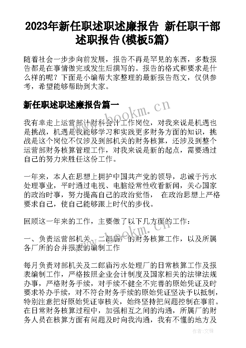 2023年新任职述职述廉报告 新任职干部述职报告(模板5篇)