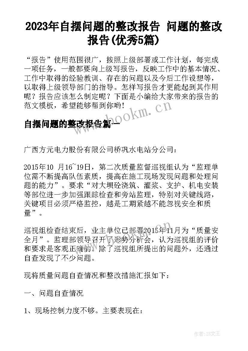 2023年自摆问题的整改报告 问题的整改报告(优秀5篇)