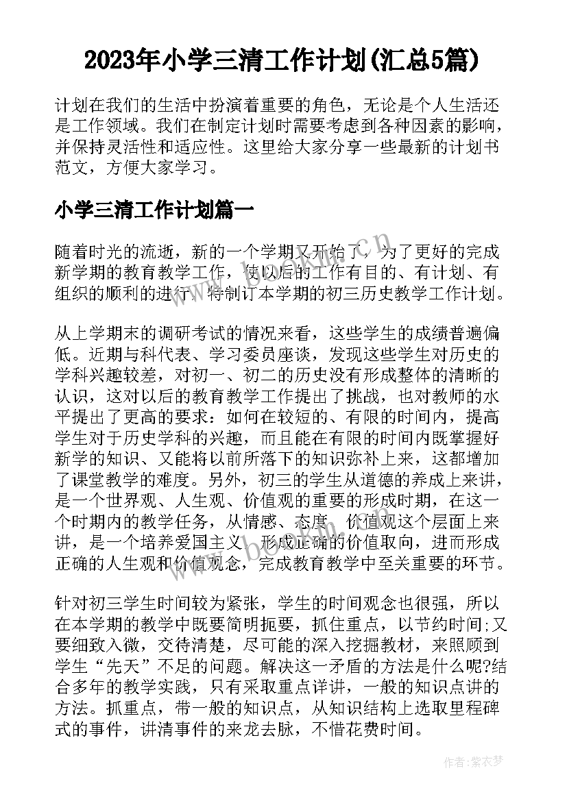 2023年小学三清工作计划(汇总5篇)