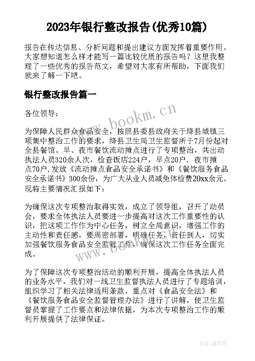 2023年银行整改报告(优秀10篇)