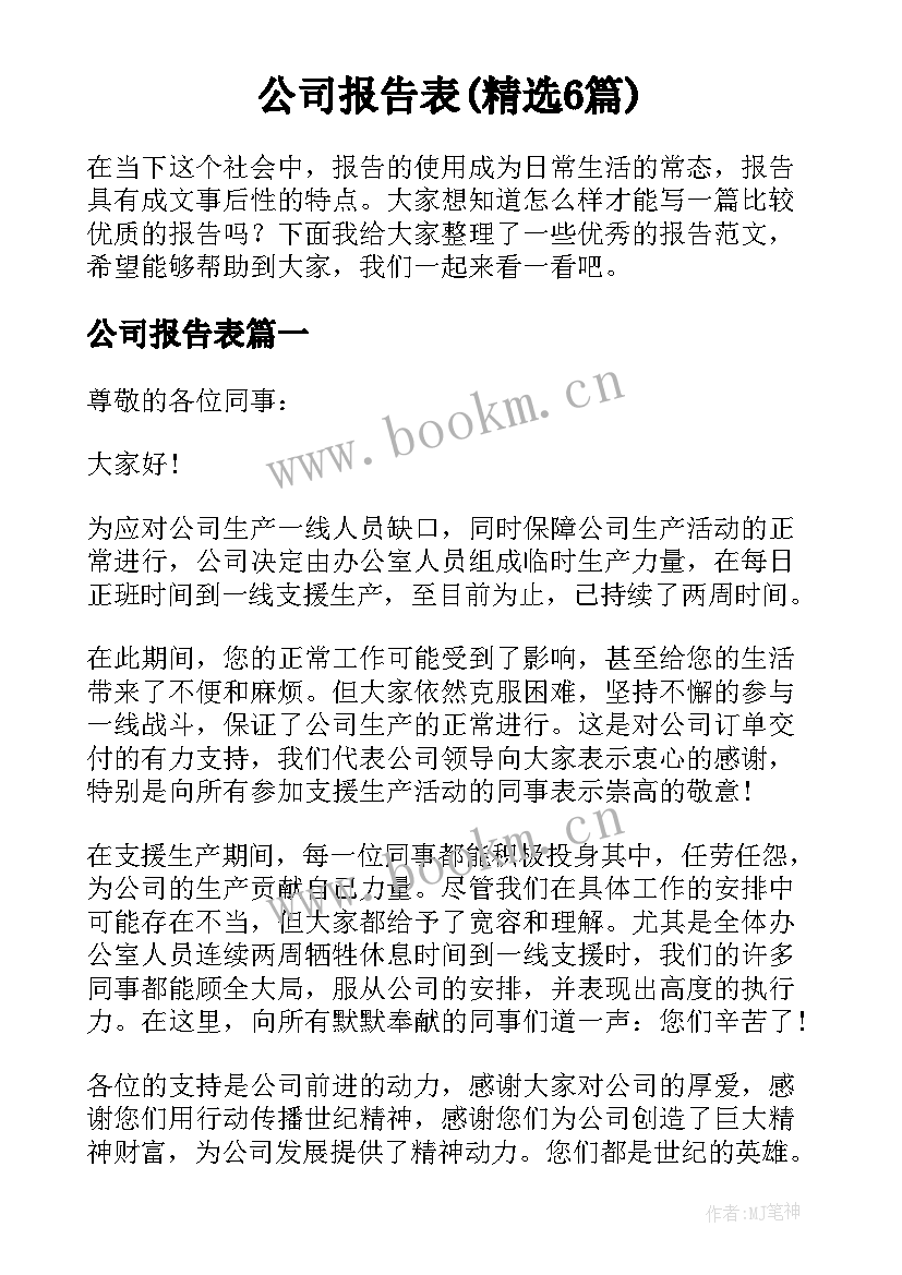 公司报告表(精选6篇)