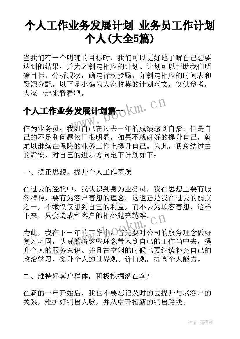 个人工作业务发展计划 业务员工作计划个人(大全5篇)