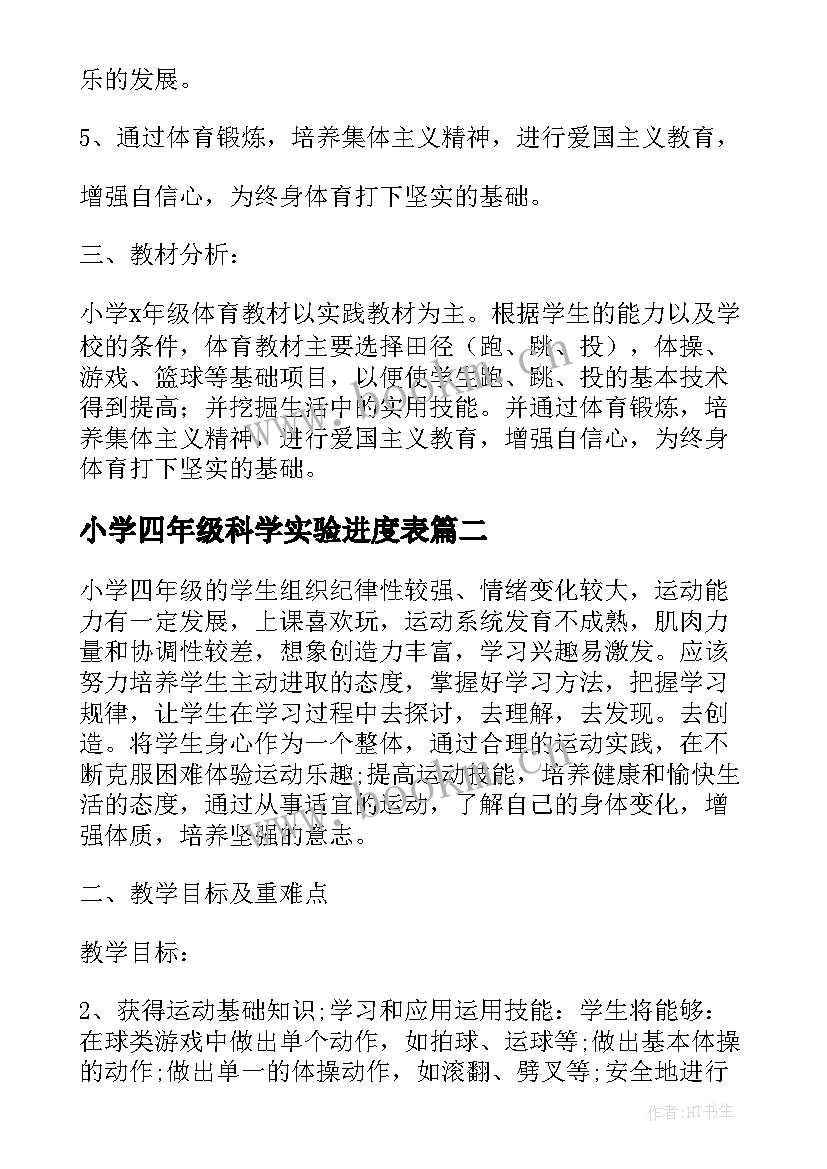 小学四年级科学实验进度表 小学体育四年级教学计划进度(实用5篇)