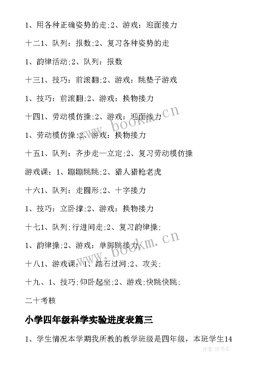 小学四年级科学实验进度表 小学体育四年级教学计划进度(实用5篇)