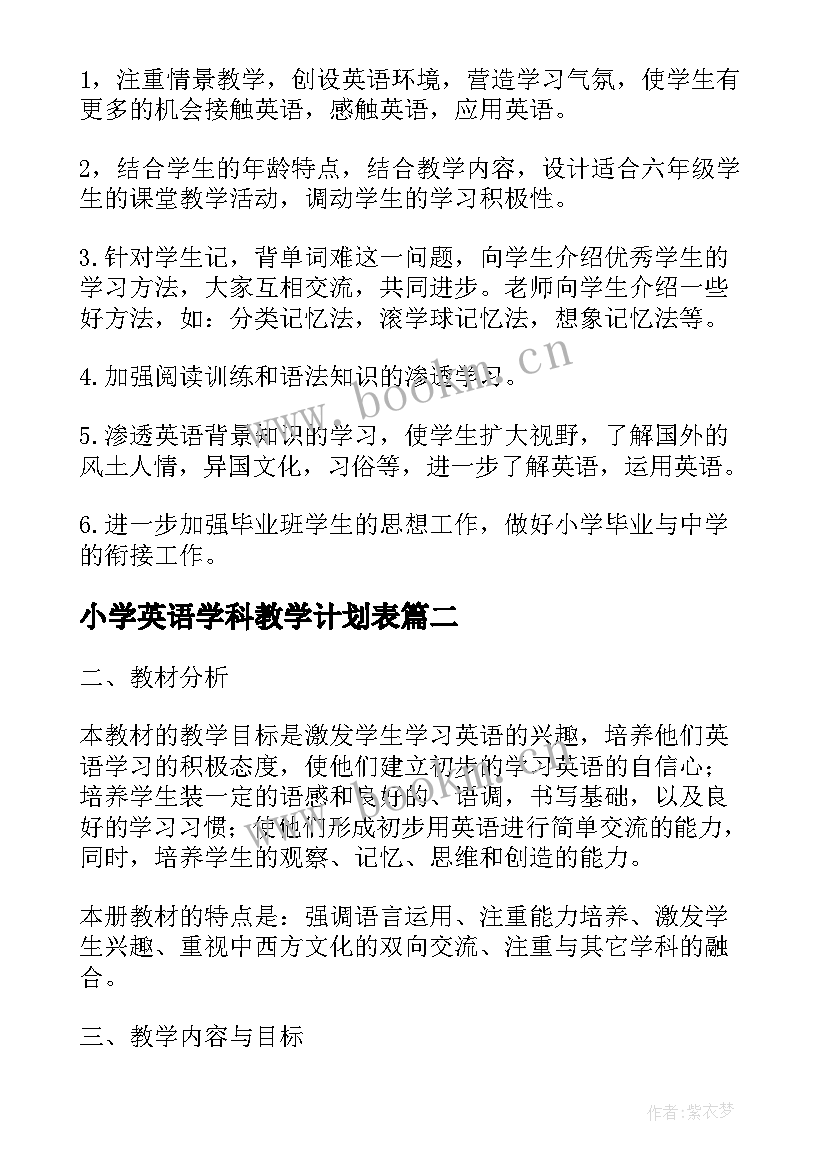 小学英语学科教学计划表 小学英语教师工作计划(大全9篇)