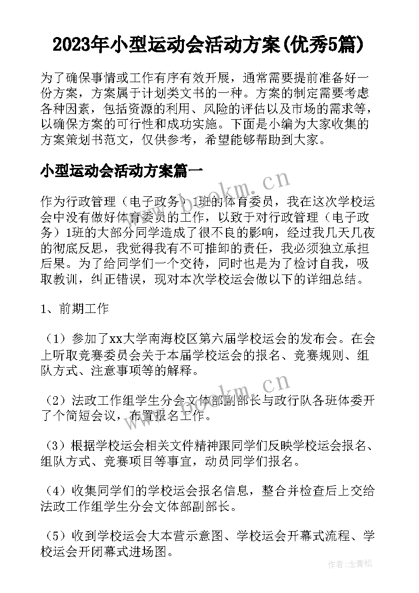 2023年小型运动会活动方案(优秀5篇)