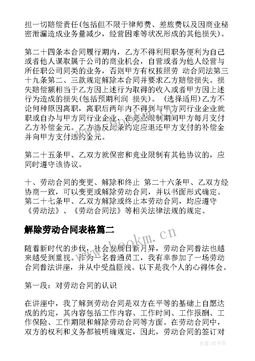 解除劳动合同表格(实用7篇)