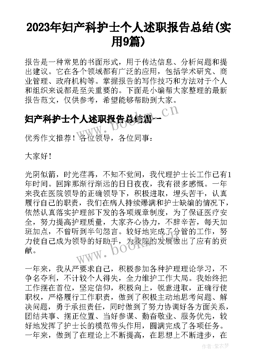 2023年妇产科护士个人述职报告总结(实用9篇)